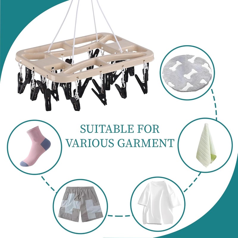 Heart Home Heart Home Plastic Cloth Drying Hanger with 28 Clips 360 Rotating Baby Dress Hanger for Clothes Indoor Outdoor Balcony Roof Hanging Stand for Wet Socks Scarf Caps Beige - Image 4