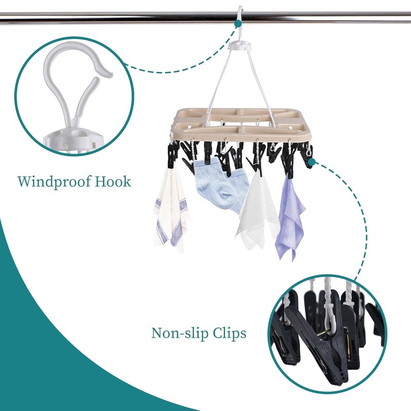 Heart Home Heart Home Plastic Cloth Drying Hanger with 28 Clips 360 Rotating Baby Dress Hanger for Clothes Indoor Outdoor Balcony Roof Hanging Stand for Wet Socks Scarf Caps Beige - Image 5