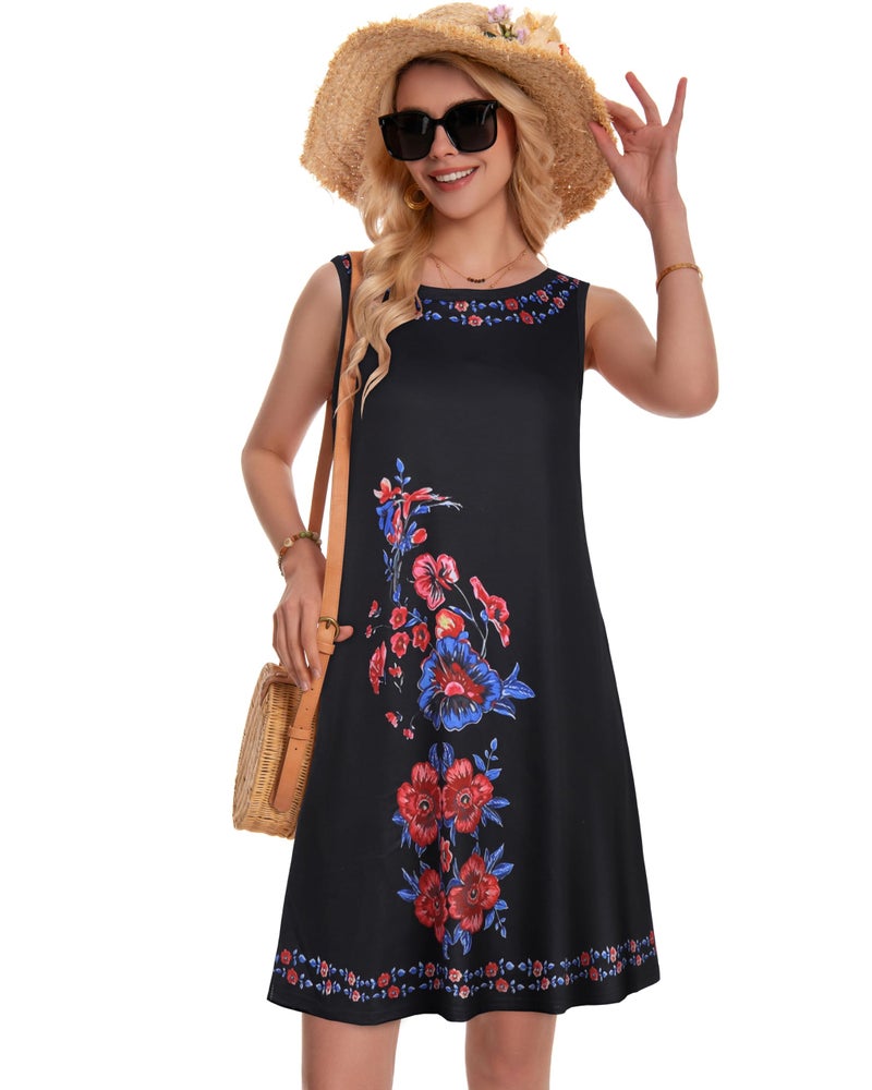 elescat Summer Dresses for Women Beach Boho Sleeveless Vintage Floral Flowy Pocket Tshirt Tank Sundresses(Black Flower Branch, L) - Image 3