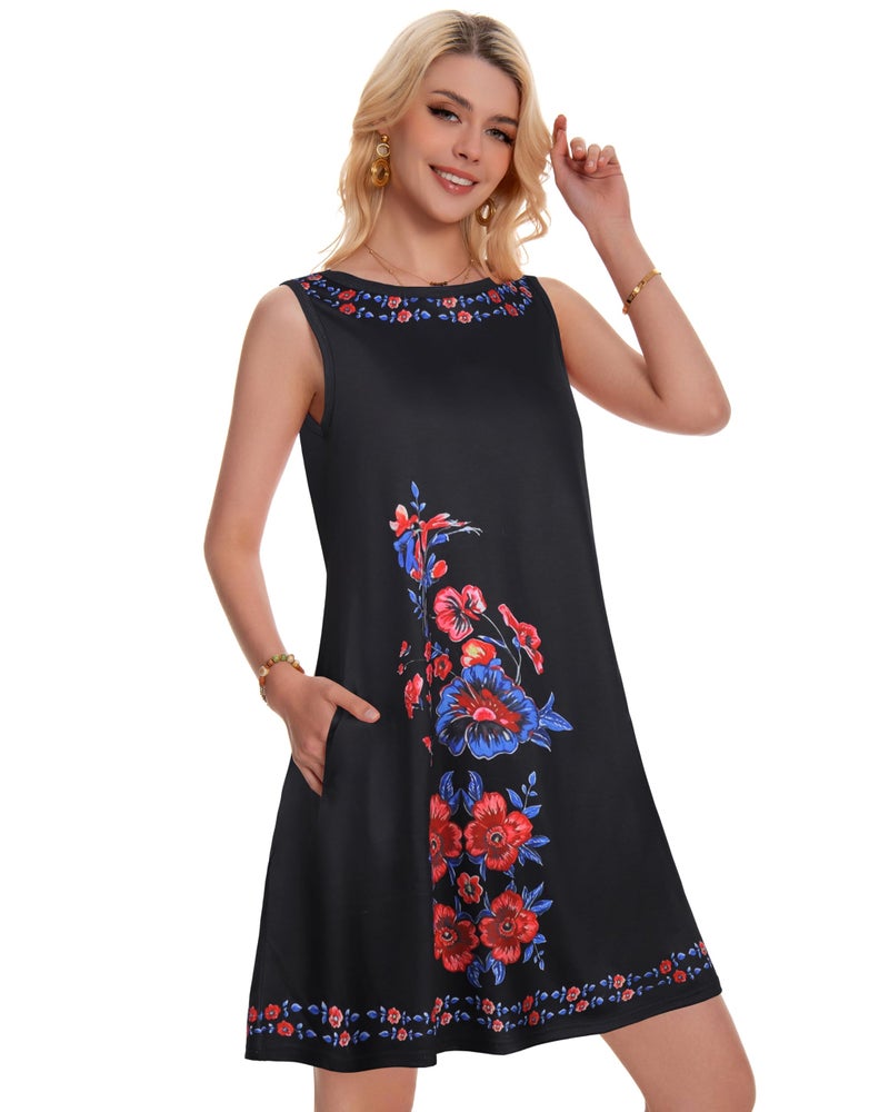 elescat Summer Dresses for Women Beach Boho Sleeveless Vintage Floral Flowy Pocket Tshirt Tank Sundresses(Black Flower Branch, L) - Image 2
