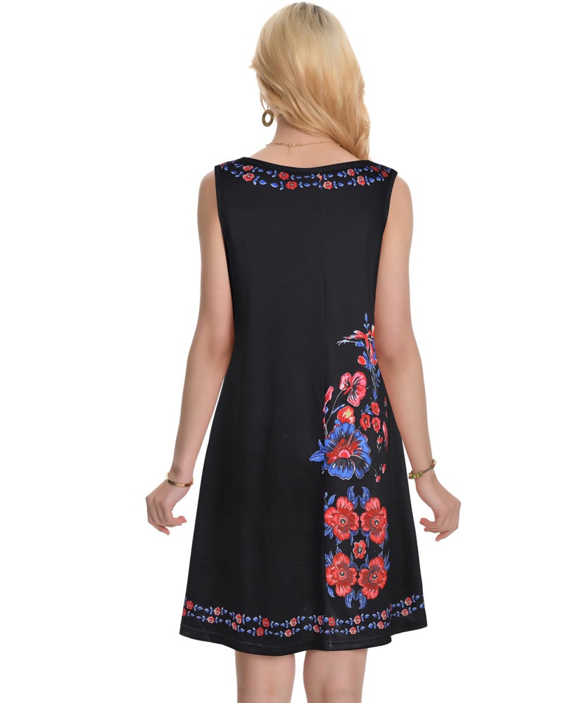 elescat Summer Dresses for Women Beach Boho Sleeveless Vintage Floral Flowy Pocket Tshirt Tank Sundresses(Black Flower Branch, L) - Image 5