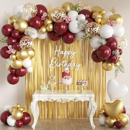 MEBAY 157PCS Burgundy Gold White Balloons Arch Garland Kit with Gold Fringe Curtain for Women Girls Birthday Wedding Bridal Shower Valentines Day Party Decorations - Image 1