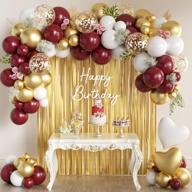 MEBAY 157PCS Burgundy Gold White Balloons Arch Garland Kit with Gold Fringe Curtain for Women Girls Birthday Wedding Bridal Shower Valentines Day Party Decorations - Image 3