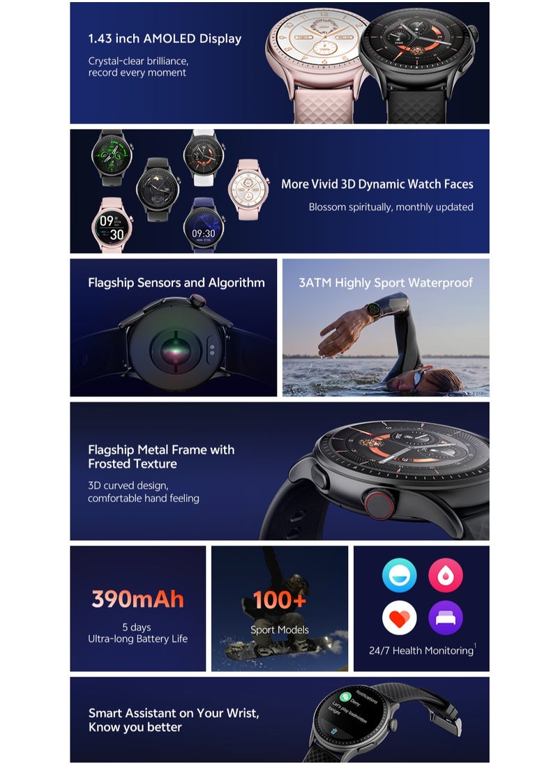 GTR3 Men's smartwatch, AMOLED Always On Display Bluetooth Call Waterproof Fitness Watch, Compatible Android iOS Black