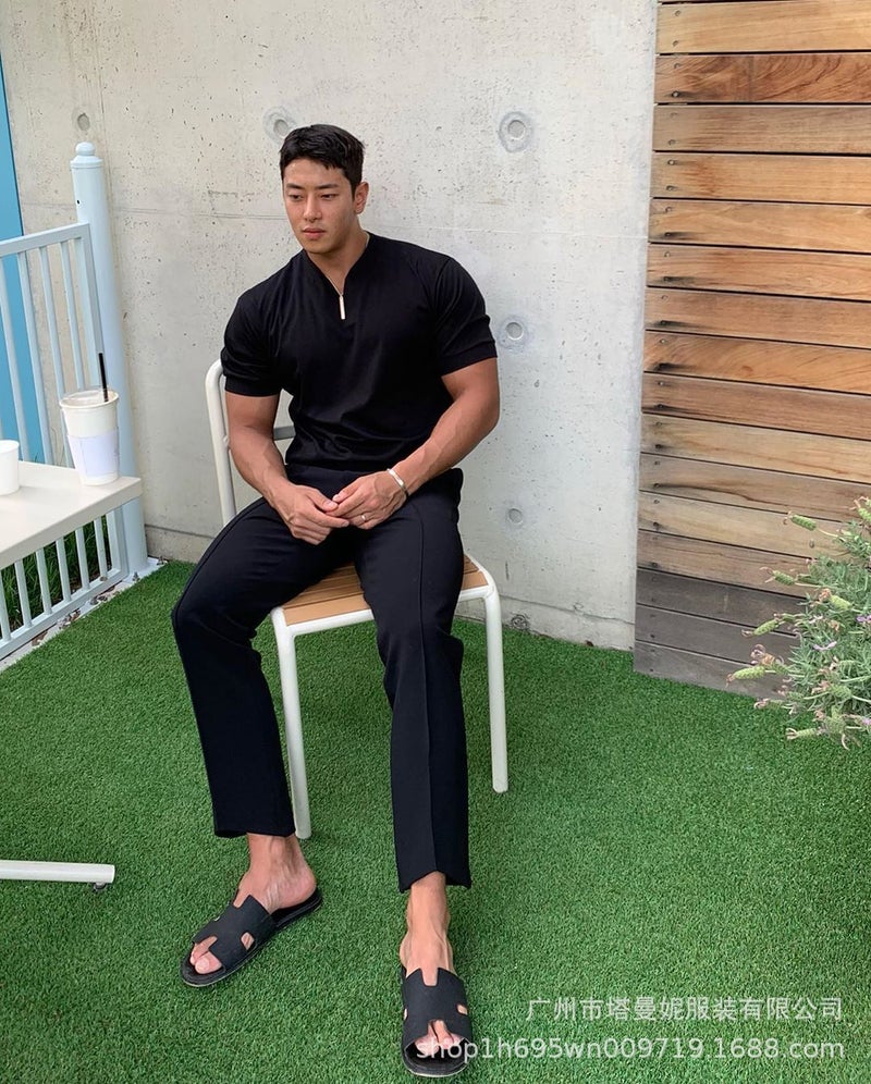 2022 foreign trade muscle fitness plus size sports T-shirt men's fashion Korean version trend loose V-neck short-sleeved summer Redwine 5XL - Image 4