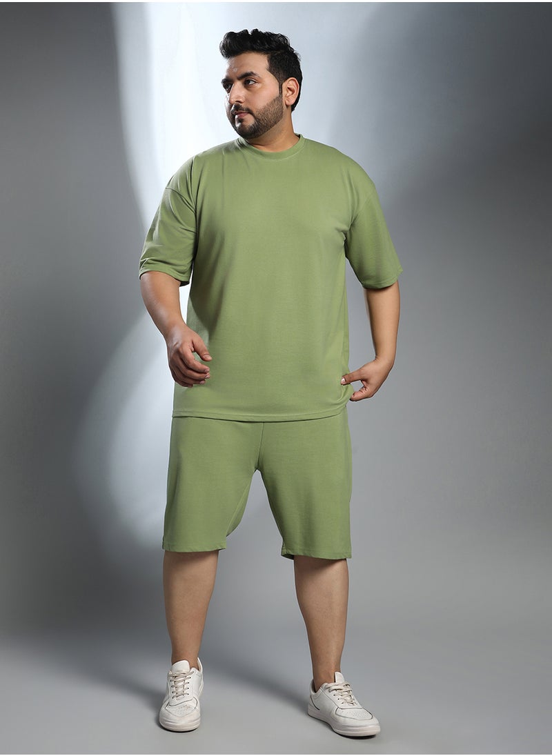Instafab Plus Instafab Plus Men's Pistachio Green Oversized Co-Ord Set For Casual Wear | Crew Neck | Short Regular Sleeves | Pull On Closure | Plus Size Co-Ords Crafted With Comfort Fit For Everyday Wear  - Image 5