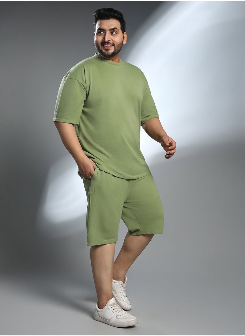 Instafab Plus Instafab Plus Men's Pistachio Green Oversized Co-Ord Set For Casual Wear | Crew Neck | Short Regular Sleeves | Pull On Closure | Plus Size Co-Ords Crafted With Comfort Fit For Everyday Wear  - Image 3