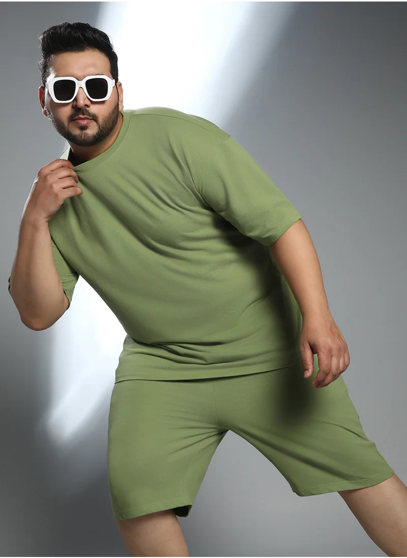 Instafab Plus Instafab Plus Men's Pistachio Green Oversized Co-Ord Set For Casual Wear | Crew Neck | Short Regular Sleeves | Pull On Closure | Plus Size Co-Ords Crafted With Comfort Fit For Everyday Wear