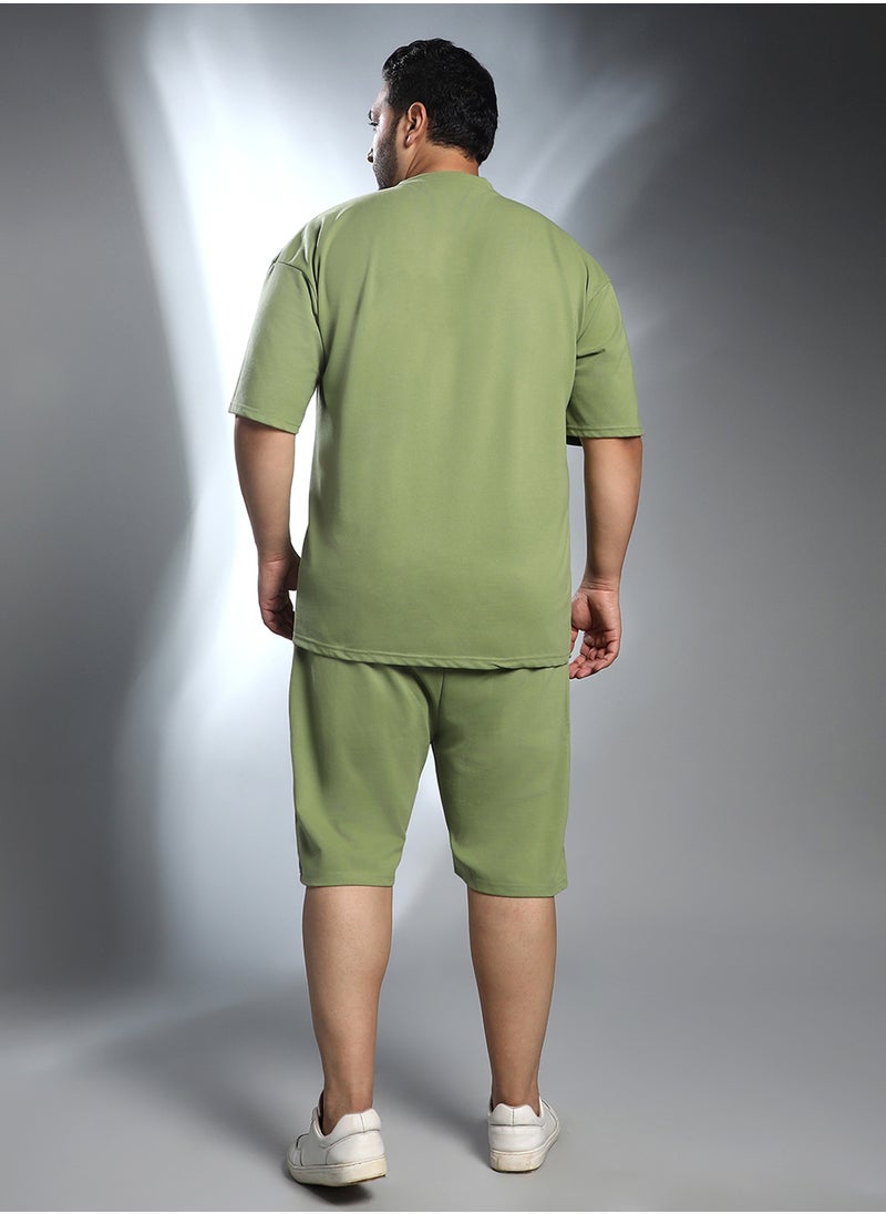 Instafab Plus Instafab Plus Men's Pistachio Green Oversized Co-Ord Set For Casual Wear | Crew Neck | Short Regular Sleeves | Pull On Closure | Plus Size Co-Ords Crafted With Comfort Fit For Everyday Wear  - Image 4
