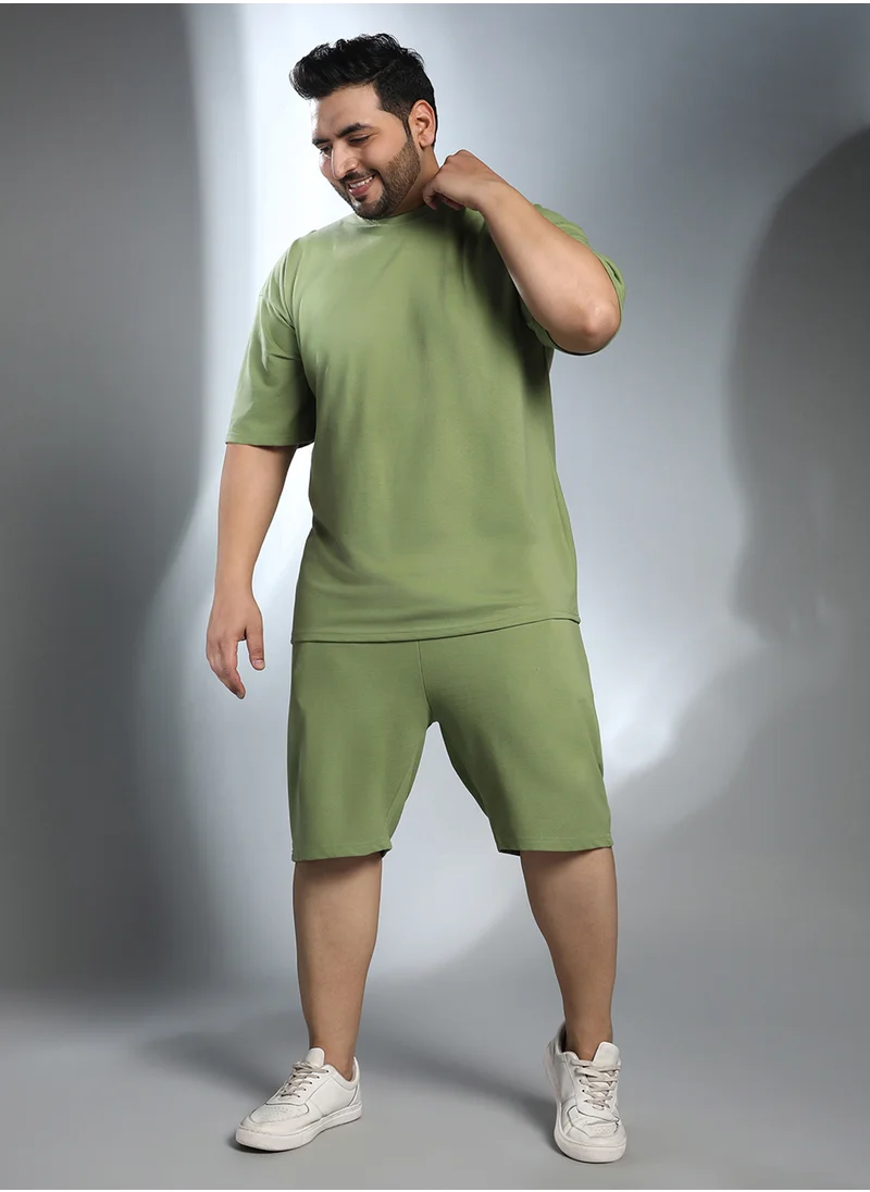 Instafab Plus Instafab Plus Men's Pistachio Green Oversized Co-Ord Set For Casual Wear | Crew Neck | Short Regular Sleeves | Pull On Closure | Plus Size Co-Ords Crafted With Comfort Fit For Everyday Wear
