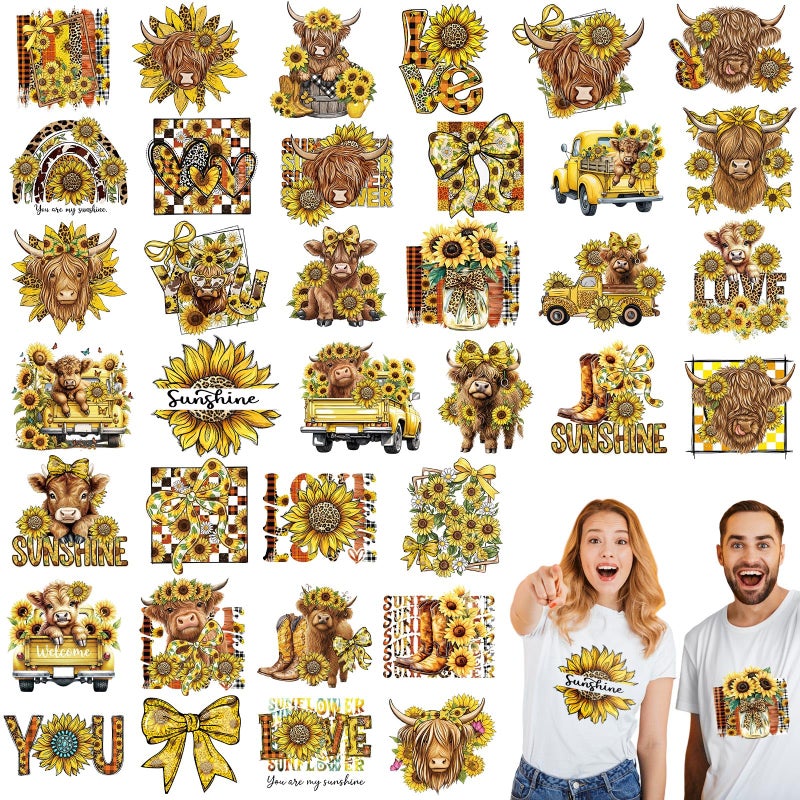 Tellingyou 36 Sheets Highland Cow Iron on Transfers Patches Sunflower Dtf Ready to Press Vinyl Iron on Patch Embroidered Applique for T Shirt Jacket Pillow Covers Backpack Hoodies DIY Spring Decors - Image 1