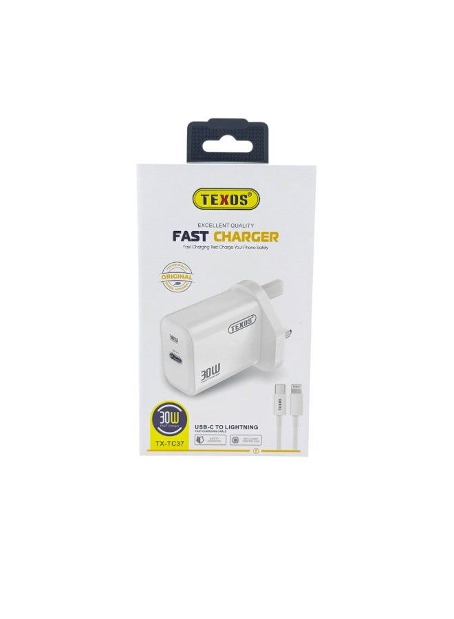 Texos TX-TC37 30W USB-C Fast Charger with USB-C to Lightning Cable - Image 1