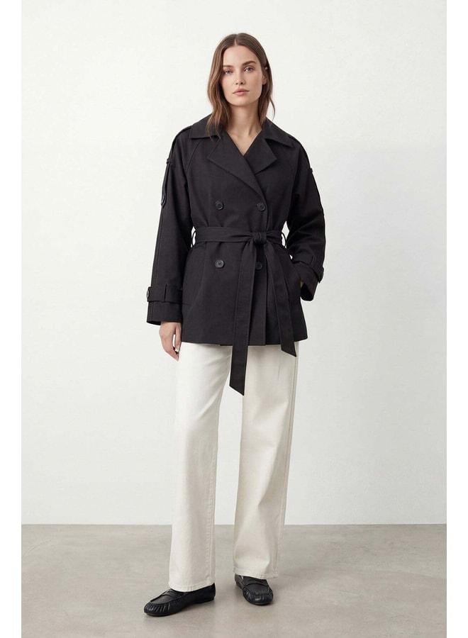 Soul Women's Cross-Collar Belted Trench Coat – 32489CKT - BLACK. - Image 2