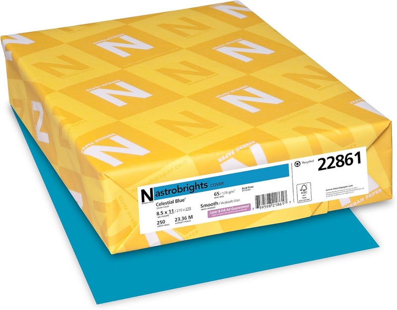 Neenah Astrobrights Celestial Blue Colored Cardstock, 8.5” x 11”, 65 lb/176 GSM, 250 Sheets - Image 1