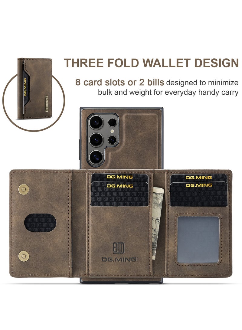 جراب جلد فاخر لهاتف Samsung Galaxy S24 Ultra/S24 Plus/S24 بتصميم يشبه المحفظة، قابل للفصل بالمغناطيسية، مع جيب محفظة ثلاثي الطيات. - Image 4