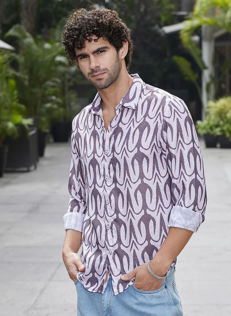 Campus Sutra Campus Sutra Men's Amethsyt Purple Trident Imprint Shirt For Casual Wear | Spread Collar | Long Cuffed Sleeves | Button Closure | Shirt Crafted With Comfort Fit For Everyday Wear