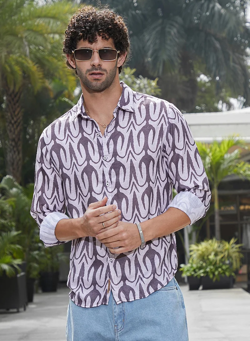 Campus Sutra Campus Sutra Men's Amethsyt Purple Trident Imprint Shirt For Casual Wear | Spread Collar | Long Cuffed Sleeves | Button Closure | Shirt Crafted With Comfort Fit For Everyday Wear