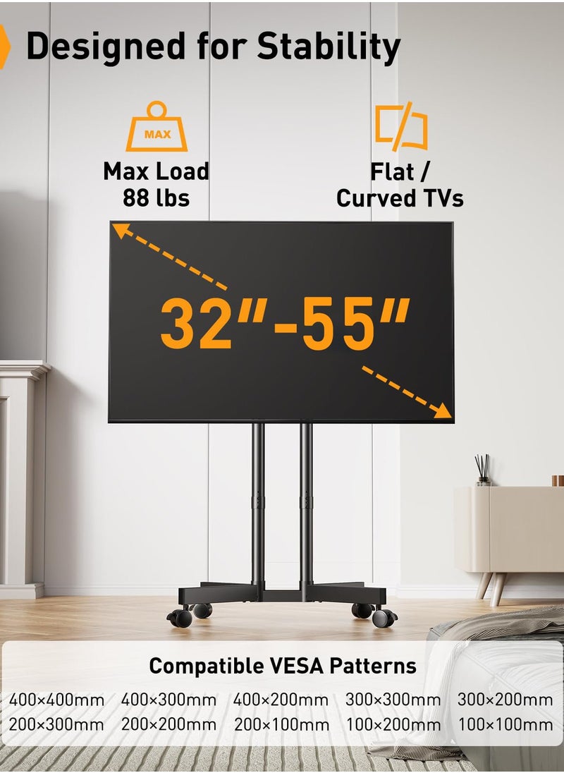 FlashHawk Mobile TV Stand Cart for 32 to 55 inch TVs, Height Adjustable Portable TV Stand with Wheels for Bedroom, Living Room  - Image 2