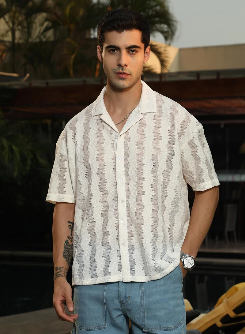 Campus Sutra Campus Sutra Men's Off-White Swirl Open-Knit Resort Shirt For Casual Wear | Cuban Collar | Short Regular Sleeves | Button Closure | Oversized Shirt Crafted With Comfort Fit For Everyday Wear