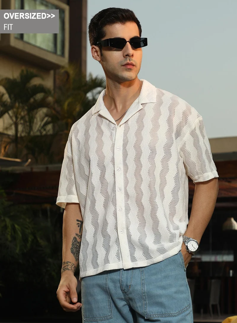 Campus Sutra Campus Sutra Men's Off-White Swirl Open-Knit Resort Shirt For Casual Wear | Cuban Collar | Short Regular Sleeves | Button Closure | Oversized Shirt Crafted With Comfort Fit For Everyday Wear