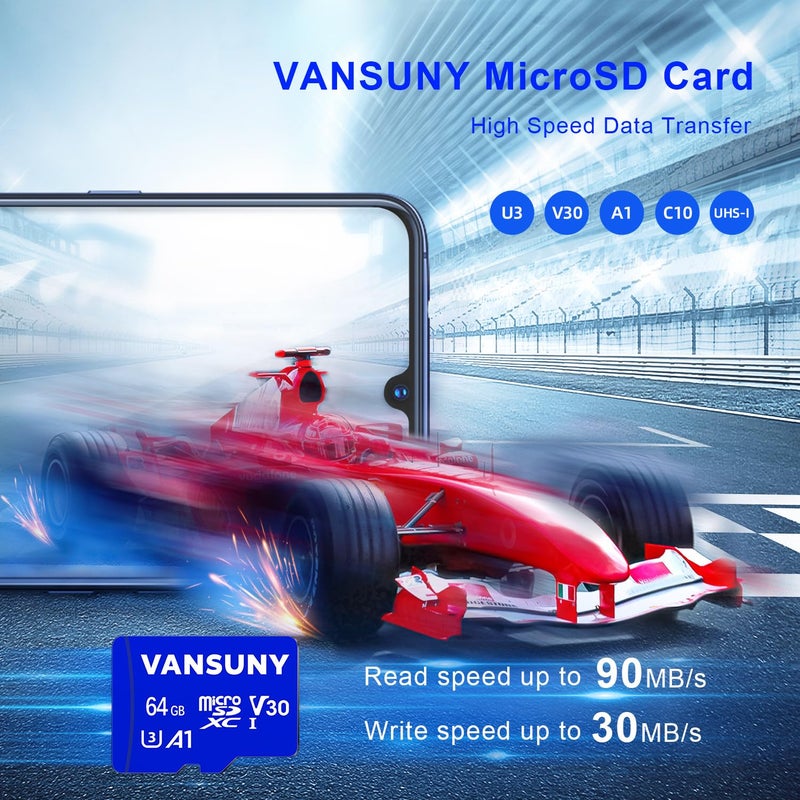 Vansuny بطاقة ذاكرة فانسوني ميكرو SD سعة 64 جيجابايت - 5 حزم بطاقة microSDXC مع محول SD أداء تطبيق A1 V30 تسجيل فيديو 4K C10 U3 ميكرو SD للهاتف، كاميرا الأمان، كاميرا داش، كاميرا الحركة - Image 2