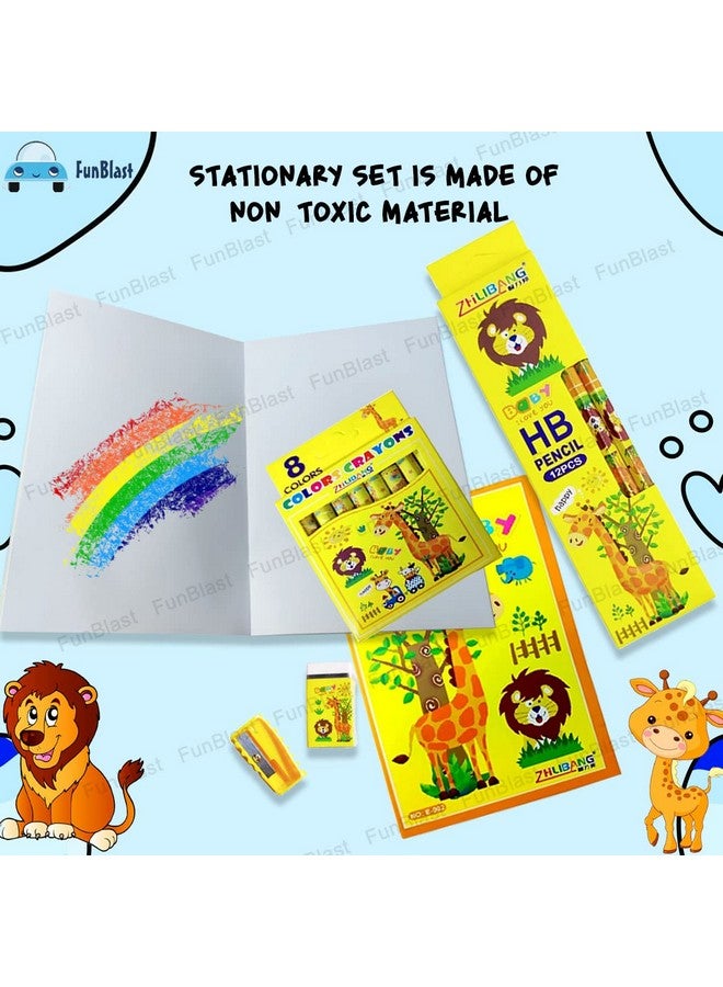 FunBlast Stationery Kit for Kids -6 Pcs Pencils, 8 Crayons, Drawing Book, Note Book, Erasers, Sharpener for Art and Craft, Stationery Item for Kids, Birthday Return Gift for Kids (Yellow) - Image 3