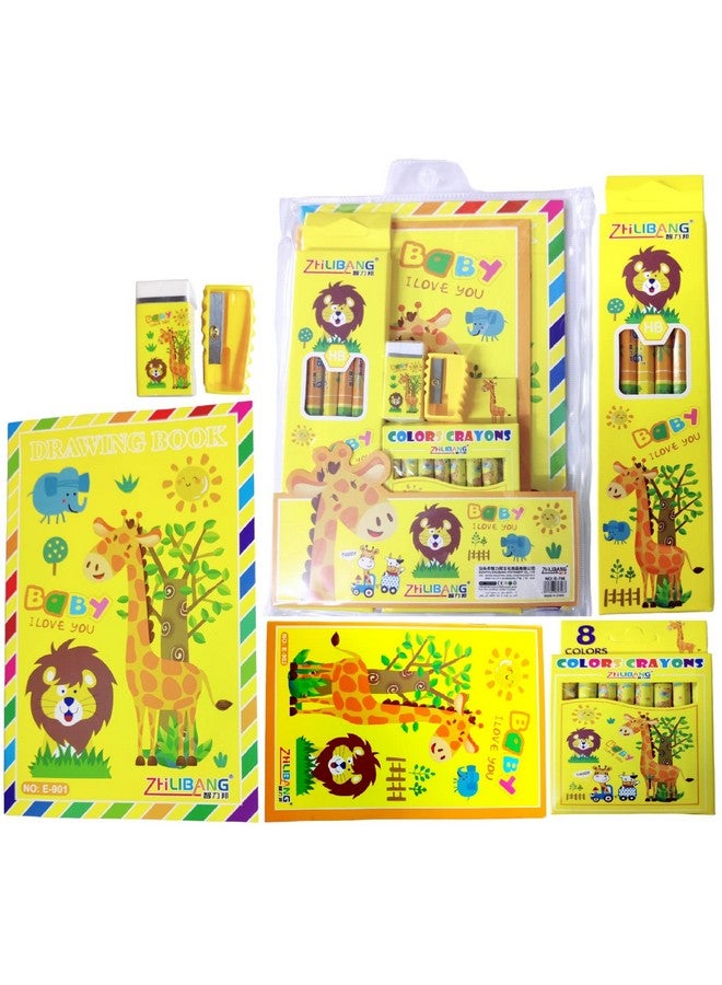 FunBlast Stationery Kit for Kids -6 Pcs Pencils, 8 Crayons, Drawing Book, Note Book, Erasers, Sharpener for Art and Craft, Stationery Item for Kids, Birthday Return Gift for Kids (Yellow) - Image 1
