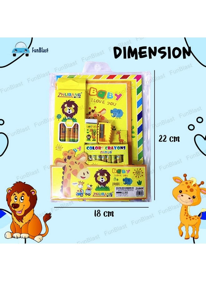 FunBlast Stationery Kit for Kids -6 Pcs Pencils, 8 Crayons, Drawing Book, Note Book, Erasers, Sharpener for Art and Craft, Stationery Item for Kids, Birthday Return Gift for Kids (Yellow) - Image 2