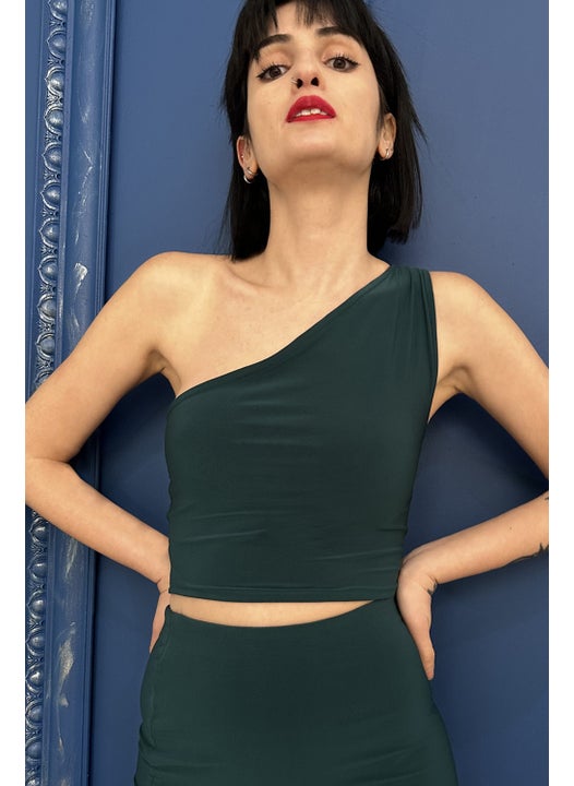 Green Red Reversible Flexible Lycra Tango One Shoulder Crop Top