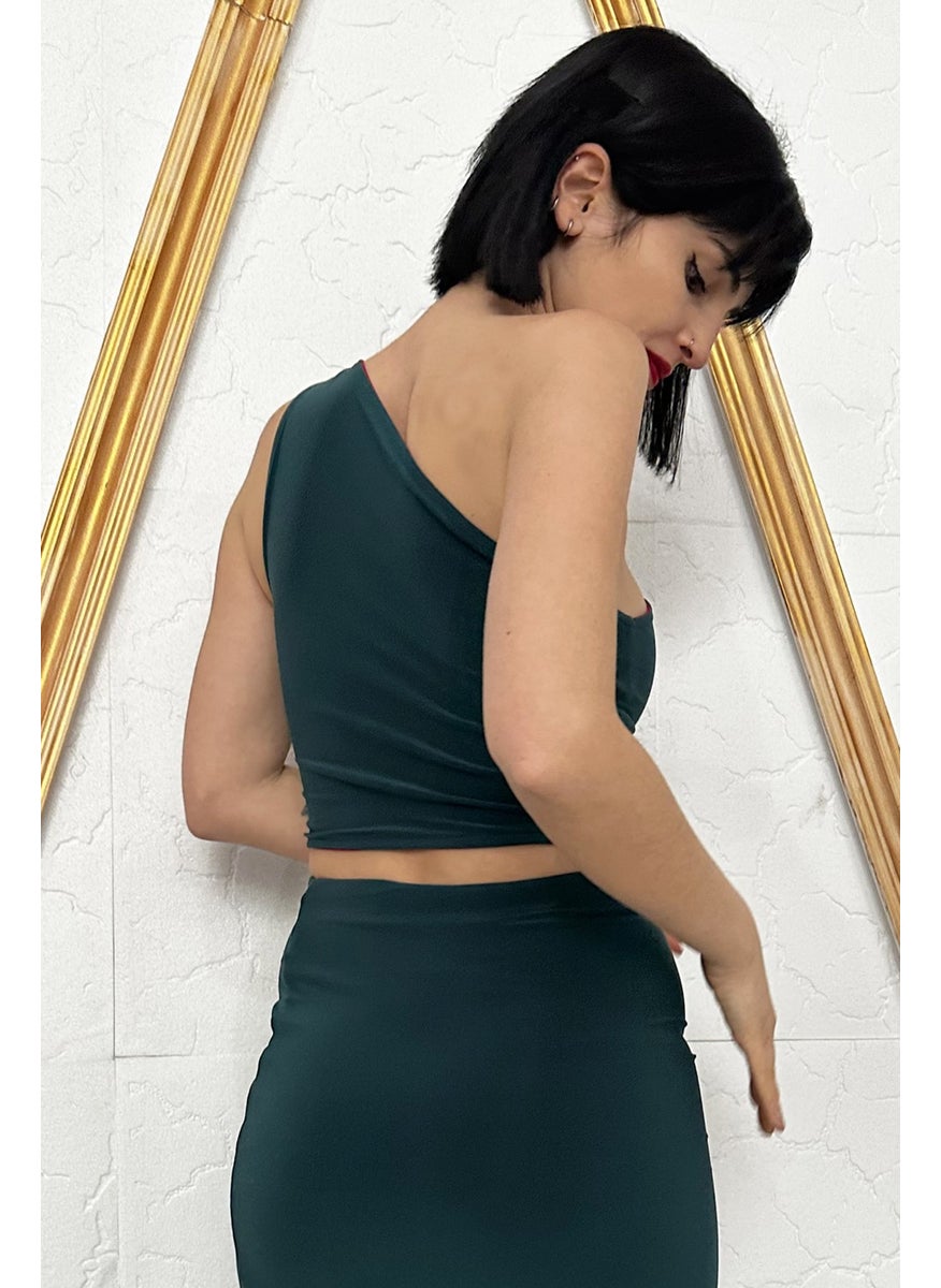 Green Red Reversible Flexible Lycra Tango One Shoulder Crop Top