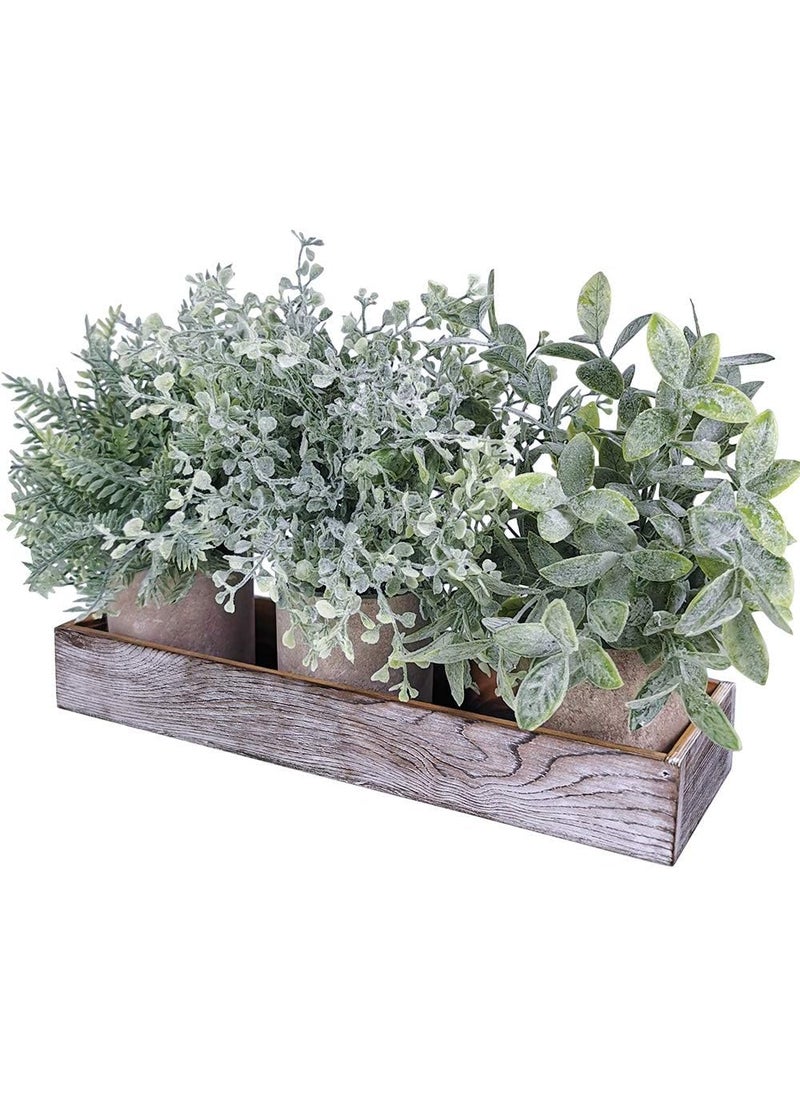 Winlyn Winlyn 3 Pack Potted Plants Artificial Eucalyptus Boxwood Fern Greenery in Pots with Wood Planter Box for Farmhouse Cabinets Bath Table Bathrooms Mantle  - Image 1