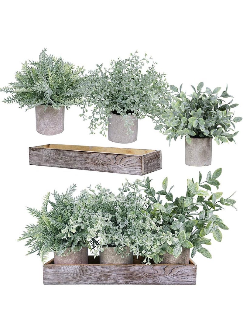 Winlyn Winlyn 3 Pack Potted Plants Artificial Eucalyptus Boxwood Fern Greenery in Pots with Wood Planter Box for Farmhouse Cabinets Bath Table Bathrooms Mantle  - Image 2