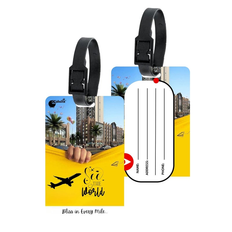 (Set of 10) Synthetic Luggage Tags with Black Strap Loop | Durable, Waterproof, Anti-Break Travel ID Tags for Suitcases, Backpacks, School & Office Bags (Model No.12)