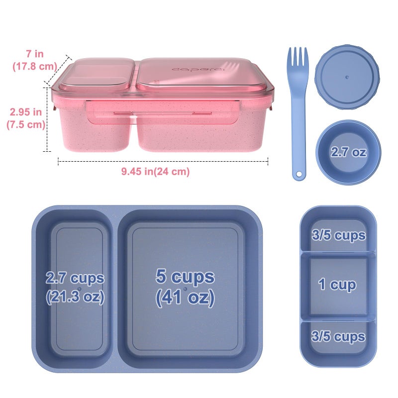 Caperci 2 Pack Salad Container for Lunch - 62 oz Large Bento Lunch Box for Adults, 2-Compartment Meal Prep Container with Removable Toppings Tray, Sauce Cup, Reusable Fork, BPA-Free (Navy & Pink) - Image 5