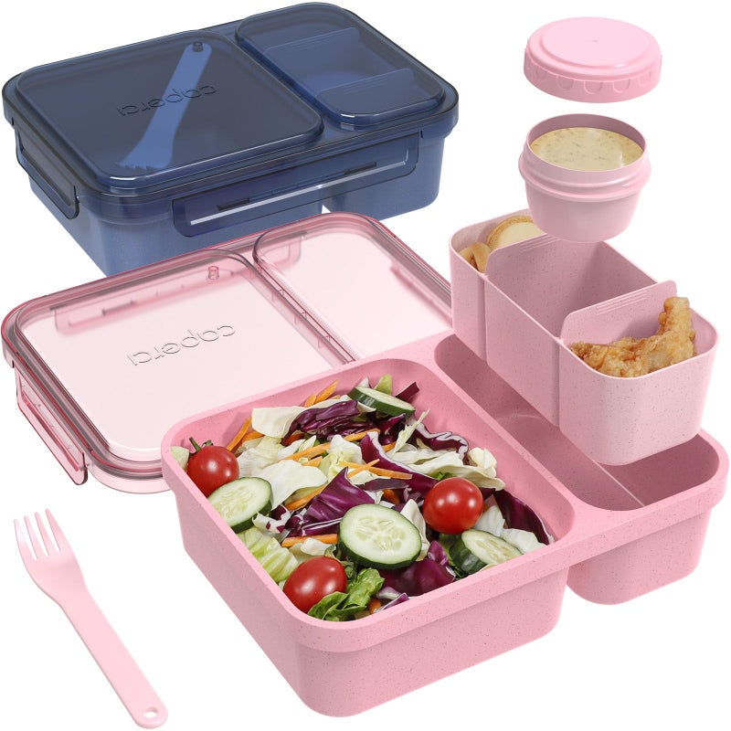 Caperci 2 Pack Salad Container for Lunch - 62 oz Large Bento Lunch Box for Adults, 2-Compartment Meal Prep Container with Removable Toppings Tray, Sauce Cup, Reusable Fork, BPA-Free (Navy & Pink) - Image 1