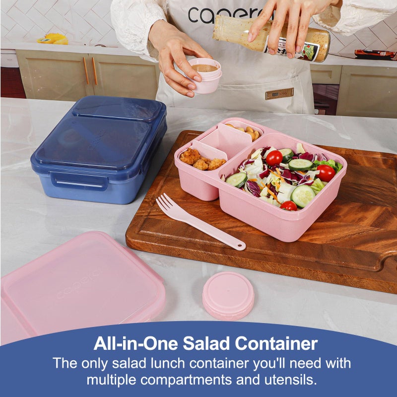 Caperci 2 Pack Salad Container for Lunch - 62 oz Large Bento Lunch Box for Adults, 2-Compartment Meal Prep Container with Removable Toppings Tray, Sauce Cup, Reusable Fork, BPA-Free (Navy & Pink) - Image 2