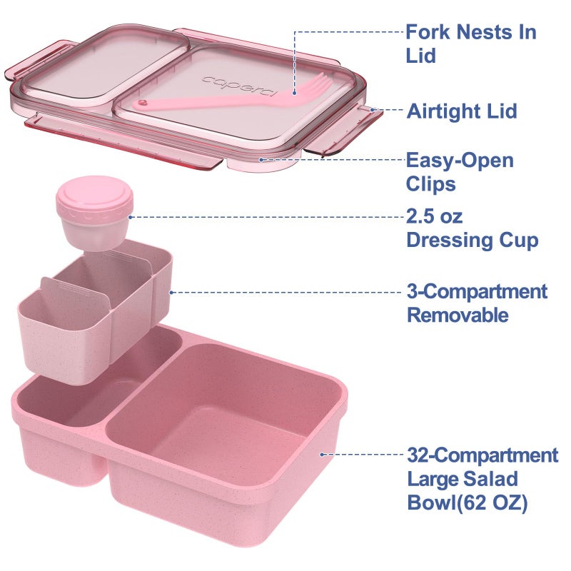 Caperci 2 Pack Salad Container for Lunch - 62 oz Large Bento Lunch Box for Adults, 2-Compartment Meal Prep Container with Removable Toppings Tray, Sauce Cup, Reusable Fork, BPA-Free (Navy & Pink) - Image 4