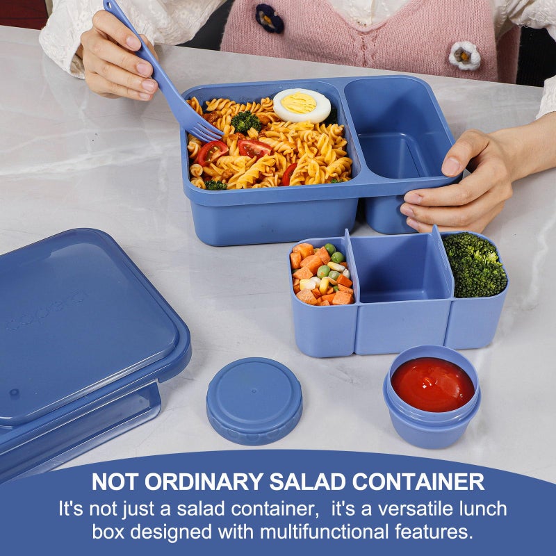 Caperci 2 Pack Salad Container for Lunch - 62 oz Large Bento Lunch Box for Adults, 2-Compartment Meal Prep Container with Removable Toppings Tray, Sauce Cup, Reusable Fork, BPA-Free (Navy & Pink) - Image 3