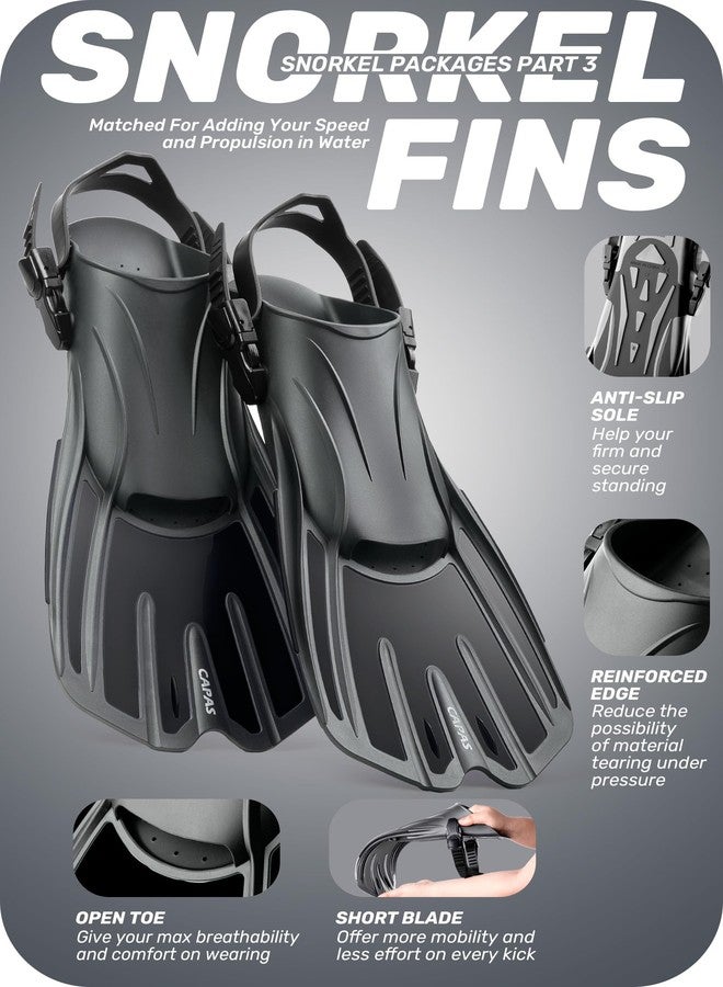 CAPAS Snorkel Mask Fins Set, Travel Size Snorkeling Gear for Adults with Short Fins, Scuba Diving Mask and Dry Top Snorkel (Black Grey, S/M (US Men 6-8.5 / Women 7-9.5)) - Image 5