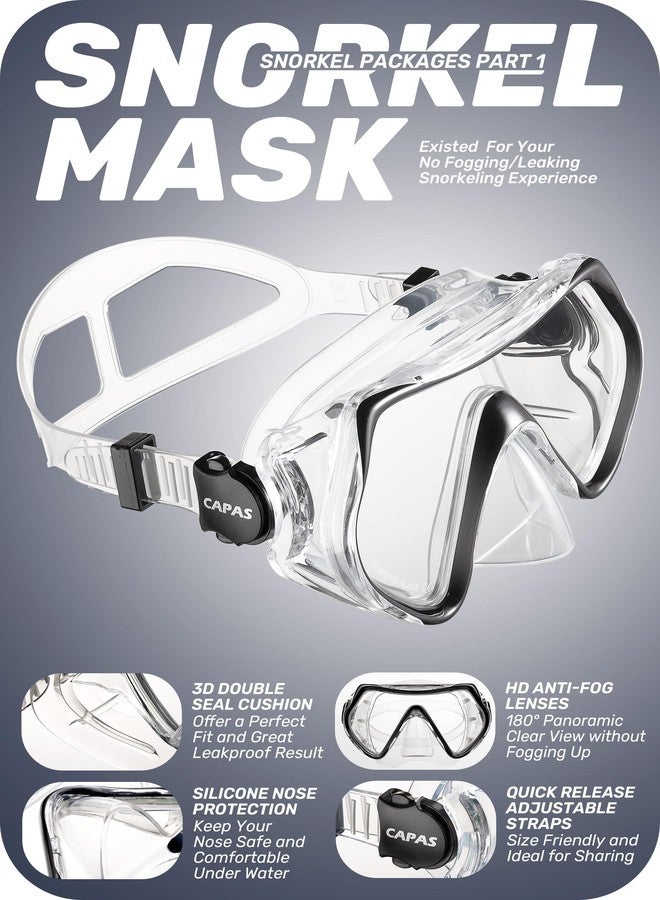 CAPAS Snorkel Mask Fins Set, Travel Size Snorkeling Gear for Adults with Short Fins, Scuba Diving Mask and Dry Top Snorkel (Black Grey, S/M (US Men 6-8.5 / Women 7-9.5)) - Image 3