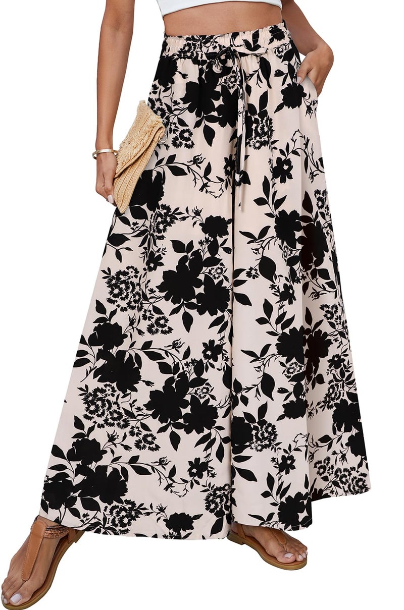 SimpleFun Wide Leg Pants for Women Casual High Waisted Palazzo Floral Skirt Pants Western Outfit Floral Cream L - Image 1