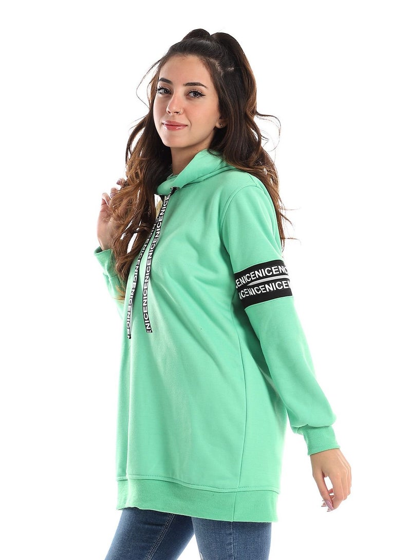 Woman Hoodie With Printed Tape And Zipperon Two Arms