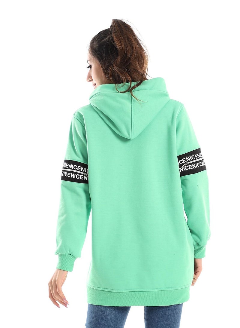 Woman Hoodie With Printed Tape And Zipperon Two Arms