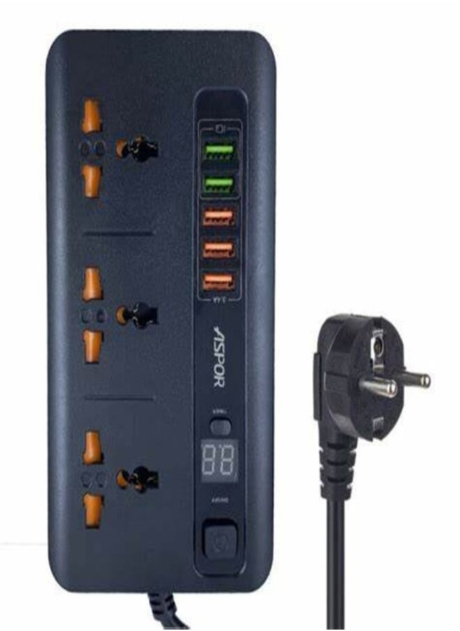 أسبور مقبس طاقة ASPOR A503 مع 5 منافذ USB شاشة LED 2500 وات - أسود  - Image 2