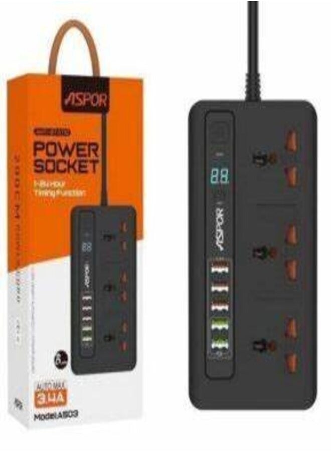 أسبور مقبس طاقة ASPOR A503 مع 5 منافذ USB شاشة LED 2500 وات - أسود  - Image 3