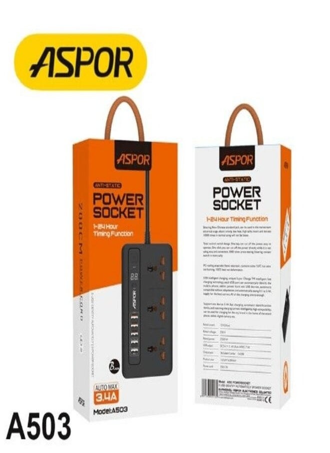 أسبور مقبس طاقة ASPOR A503 مع 5 منافذ USB شاشة LED 2500 وات - أسود  - Image 4