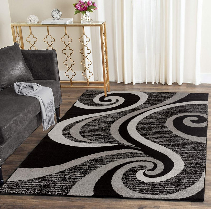 GLORY RUGS Modern Area Rug Swirls Carpet Bedroom Living Room Contemporary Dining Accent Sevilla Collection 4817A 4x6 Black