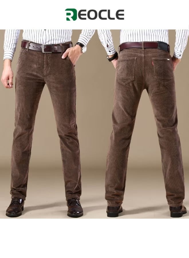 REOCLE Men's Pants Corduroy Trousers Pants Solid Color Casual Straight-fit Lightweight Spring and Summer Style Classic Formal Smart Trousers Brown  - Image 1