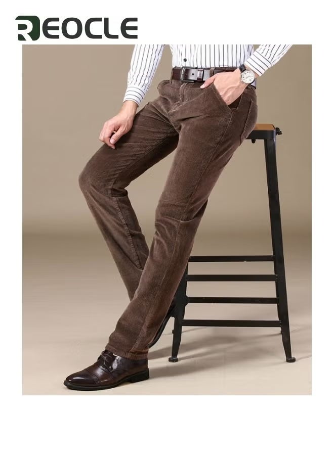 REOCLE Men's Pants Corduroy Trousers Pants Solid Color Casual Straight-fit Lightweight Spring and Summer Style Classic Formal Smart Trousers Brown  - Image 2