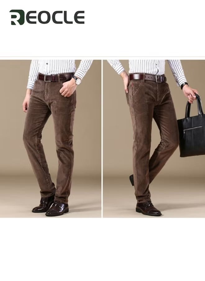 REOCLE Men's Pants Corduroy Trousers Pants Solid Color Casual Straight-fit Lightweight Spring and Summer Style Classic Formal Smart Trousers Brown  - Image 3